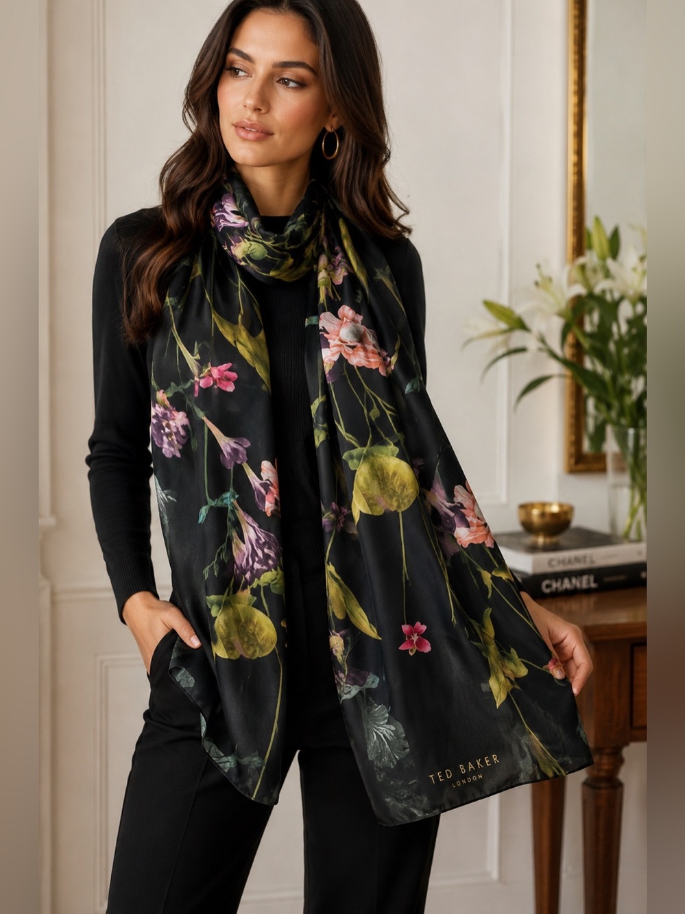 Ted Baker London 100% Silk Oversized Botanical Floral Scarf Wrap Shawl 68” x 26”